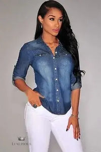 Denim Long Sleeve Shirt Tops - Blue Jean Blouse Women's shirt Luxurious Weddings
