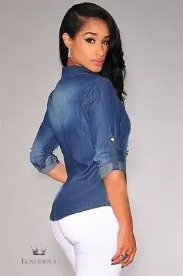 Denim Long Sleeve Shirt Tops - Blue Jean Blouse Women's shirt Luxurious Weddings
