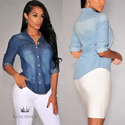 Denim Long Sleeve Shirt Tops - Blue Jean Blouse Women's shirt Luxurious Weddings