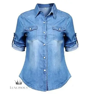 Denim Long Sleeve Shirt Tops - Blue Jean Blouse Women's shirt Luxurious Weddings