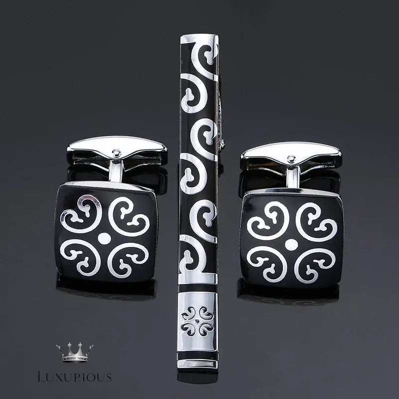 Elegant Black Enamel Flower Tie Clip Cufflink Set Cufflinks Luxurious Weddings