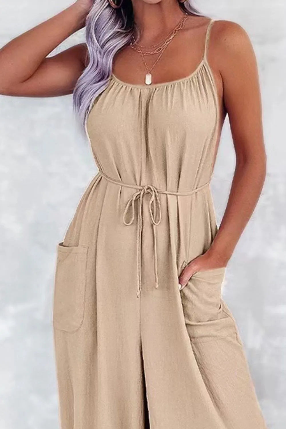 Casual Spaghetti Strap Wide Leg Jumpsuit with Pockets Jumpsuits Luxurious Weddings