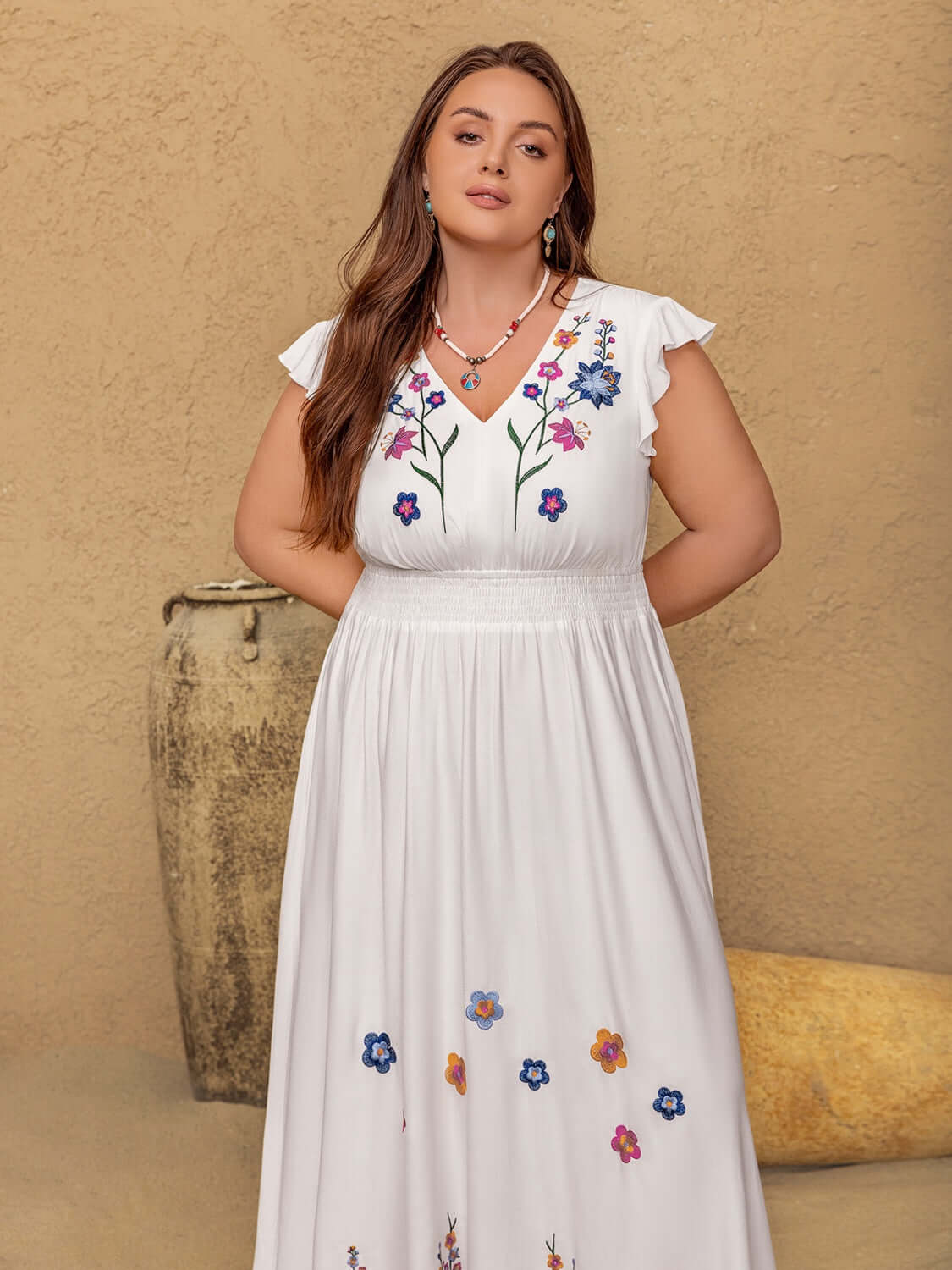 Plus Size Embroidered Floral V-Neck Cap Sleeve Maxi Dress Dresses Luxurious Weddings