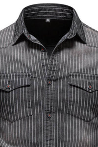 Men's Striped Collared Neck Button Down Denim Shirt Men's Shirts Luxurious Weddings
