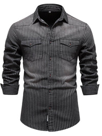 Men's Striped Collared Neck Button Down Denim Shirt Men's Shirts Luxurious Weddings