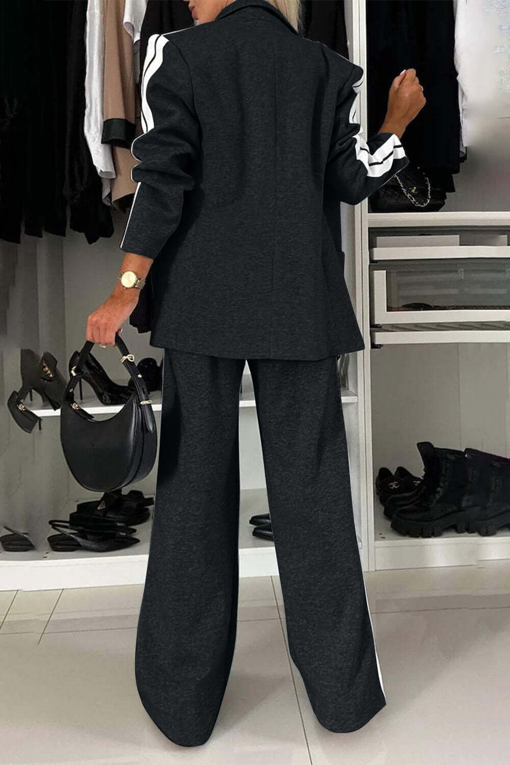 Full Size Contrast Lapel Collar Top and Pants Set Matching Sets Luxurious Weddings