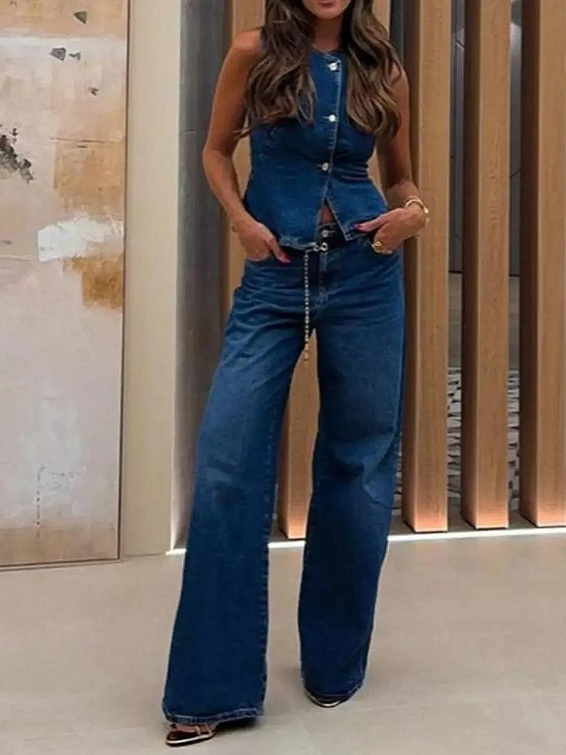 Button Down Vest and Flare Jeans Denim Set Jeans Luxurious Weddings