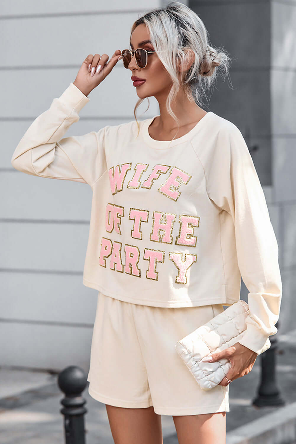 WIFE OF THE PARTY Round Neck Top and Shorts Set Sleepwear Luxurious Weddings