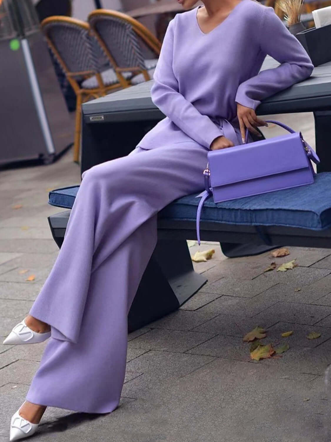 V-Neck Long Sleeve Top and Drawstring Pants Sweater Set Matching Sets Luxurious Weddings