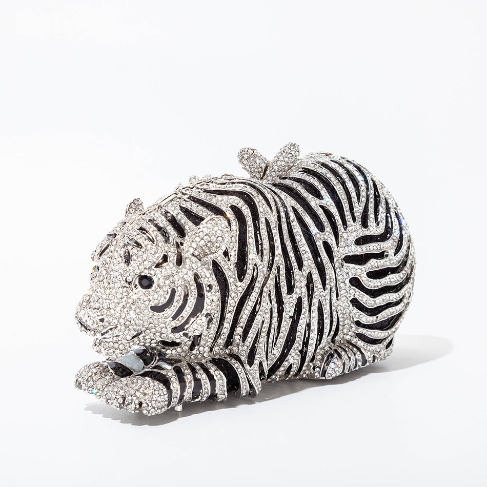 Tiger Crystal Evening Clutch Bag, luxurious design for weddings and special occasions, featuring sparkling details and unique style.
