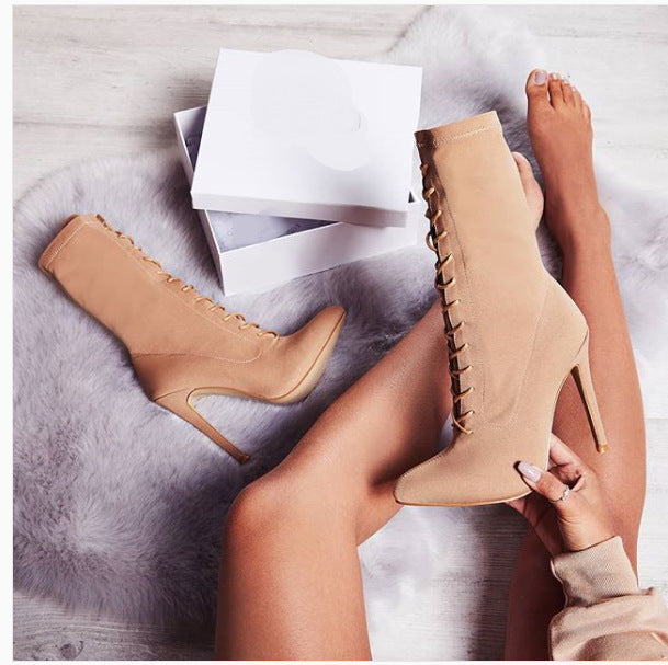 Pointed lace-up slim super high heels Lace up Boots Luxurious Weddings