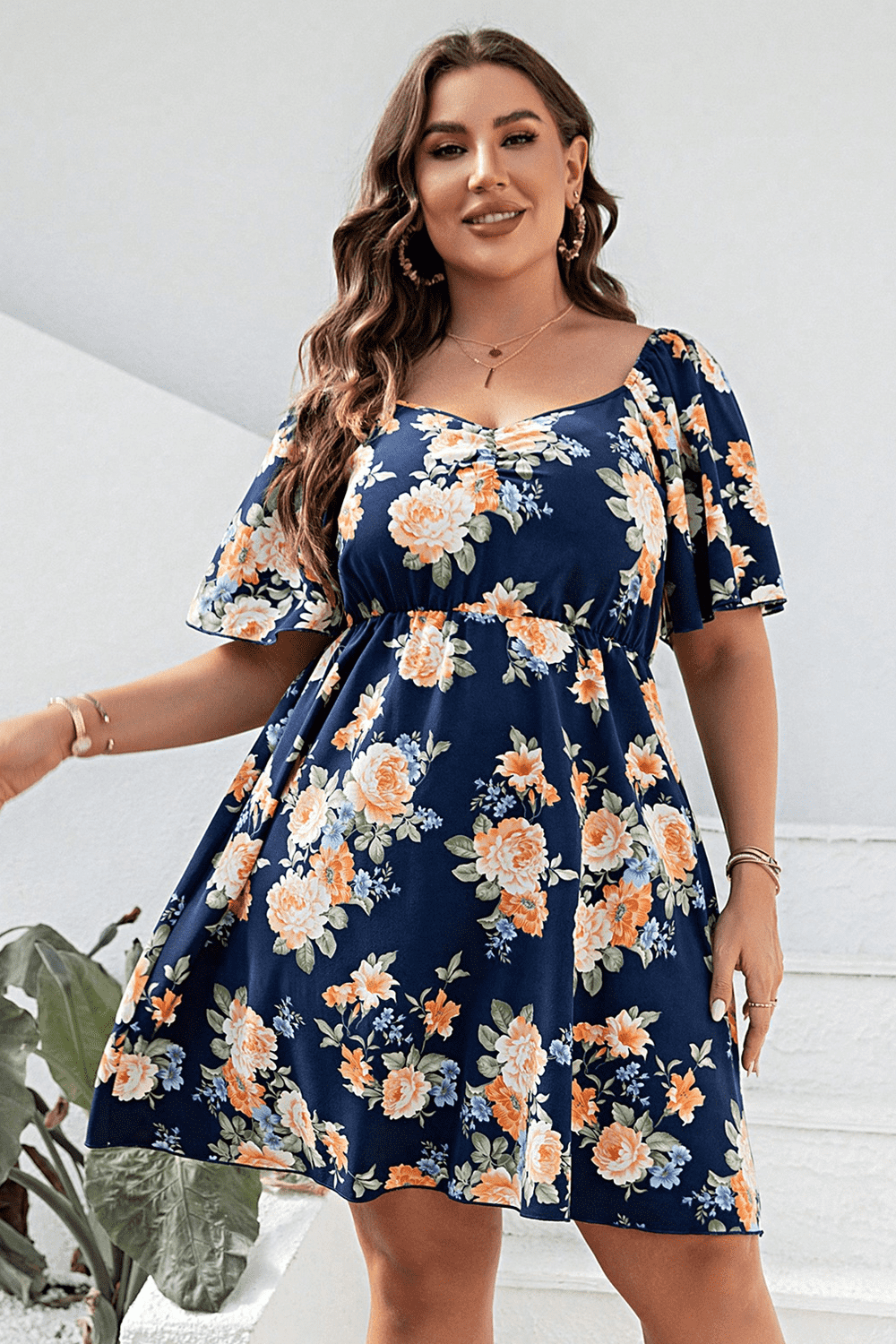 Plus Size Floral Print V-Neck Flutter Sleeve Mini Dress Plus size dress Luxurious Weddings