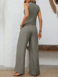 V-Neck Button Down Vest and Wide Leg Pants Set vest & pants set Luxurious Weddings