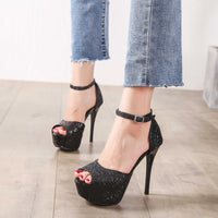 Stiletto high heels Peep toe - Black Glitter Heels Luxurious Weddings