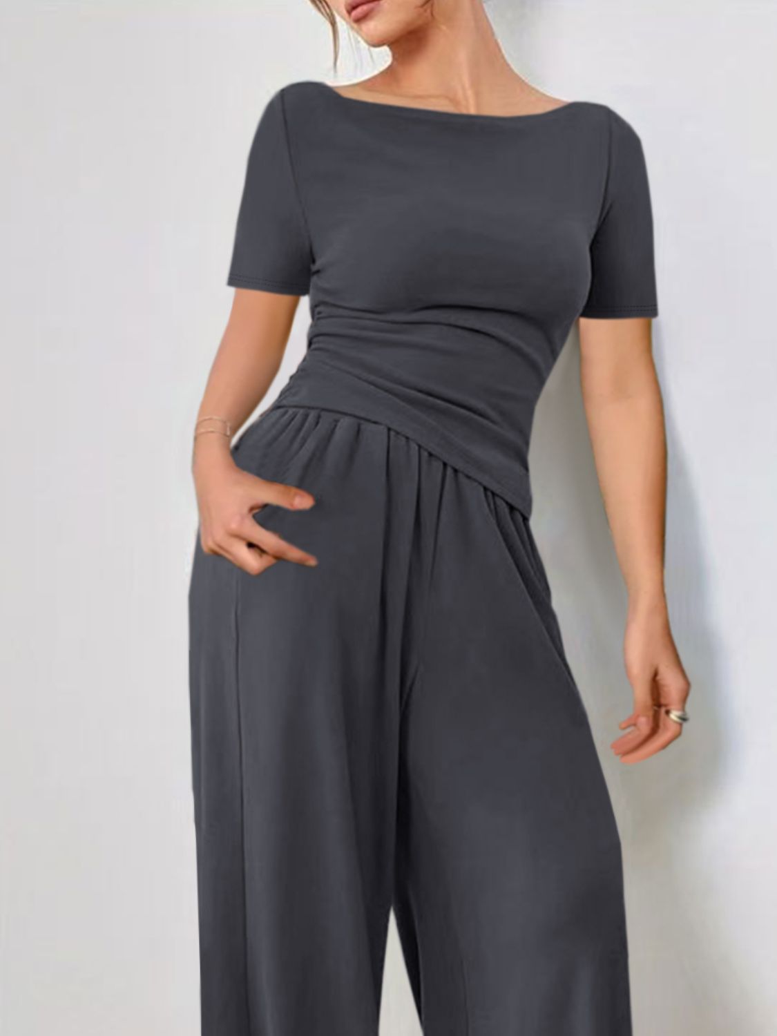 Round Neck Short Sleeve T-Shirt and Pants Set Matching Sets Luxurious Weddings
