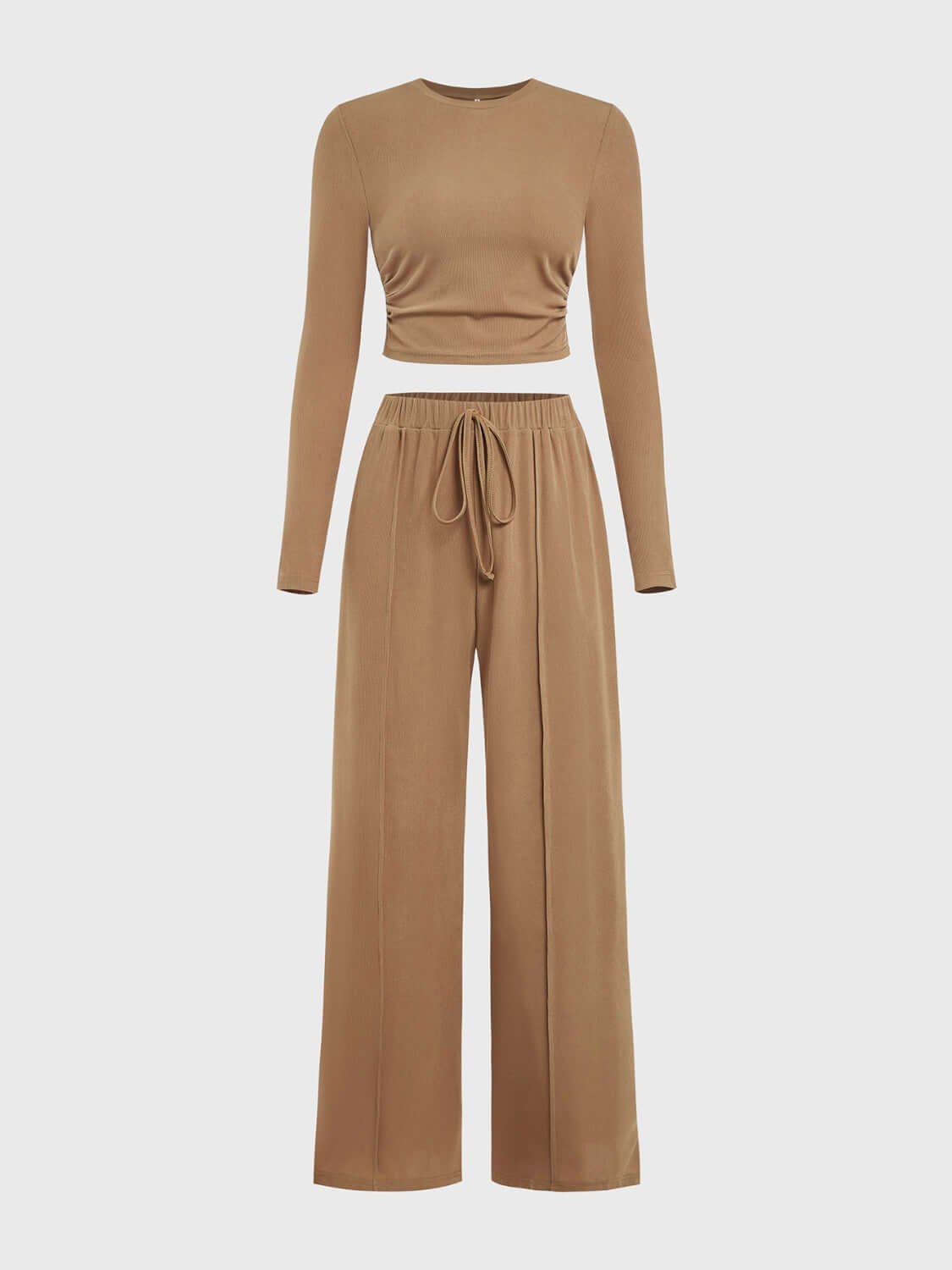 Round Neck Long Sleeve Top and Tied Pants Set Matching Sets Luxurious Weddings