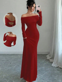 Red off-shoulder long sleeve bodycon maxi dress with backless design, perfect for luxurious weddings.