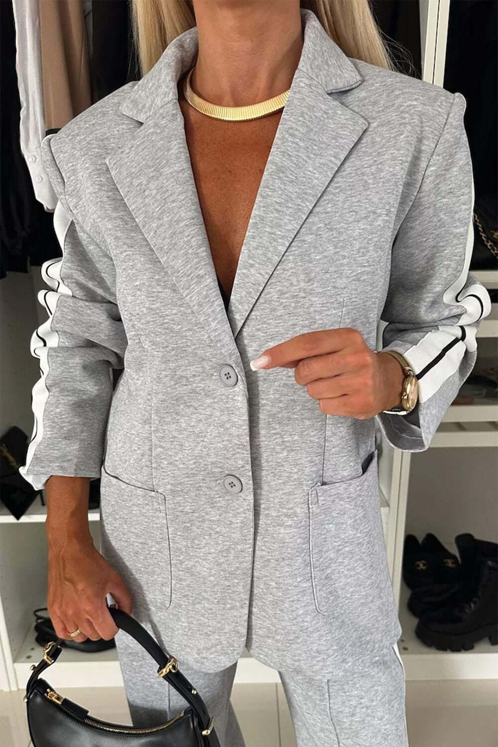 Full Size Contrast Lapel Collar Top and Pants Set Matching Sets Luxurious Weddings