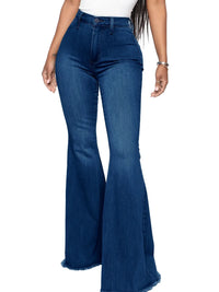 Plus size full high-waisted raw hem flare jeans in dark denim, featuring a slim fit and slight stretch for comfort.