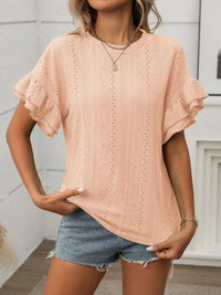 Eyelet Round Neck Flounce Sleeve Top Blouses Luxurious Weddings