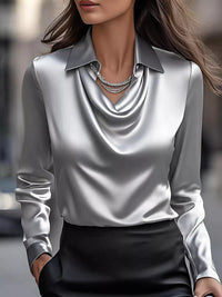 Ruched Long Sleeve Drape Collar Blouse in silver, featuring a drape collar and long sleeves for a chic look.