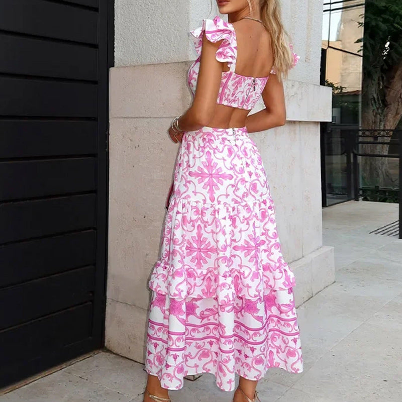 Summer Padded Shoulder Women's Printed Wear Hollow Length Dress Summer Dress Luxurious Weddings