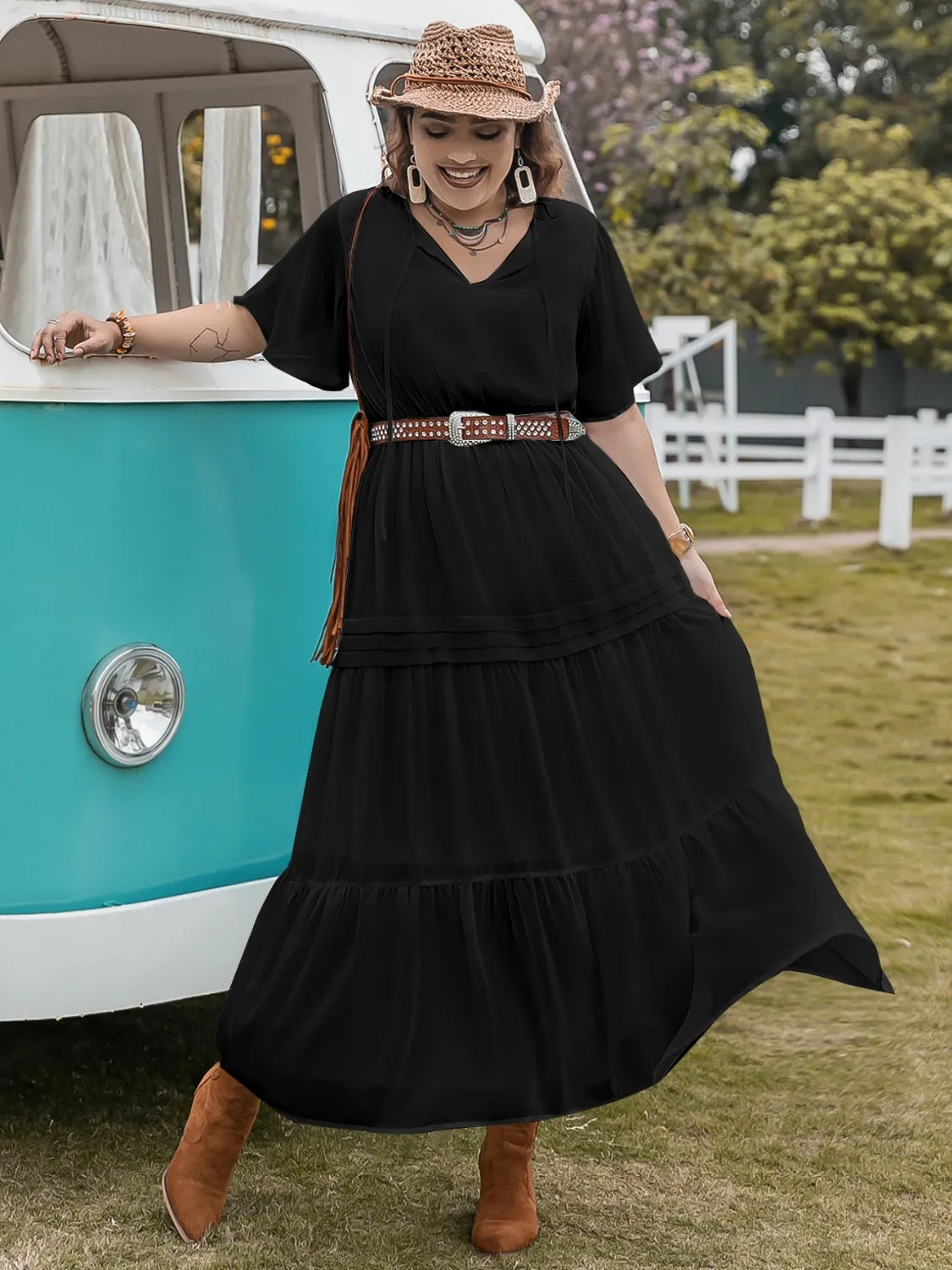 Plus Size Tie Neck Flutter Sleeve Dress Luxurious Weddings