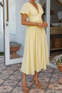 V-Neck Puff Short Sleeve Midi Dress Summer dress Luxurious Weddings