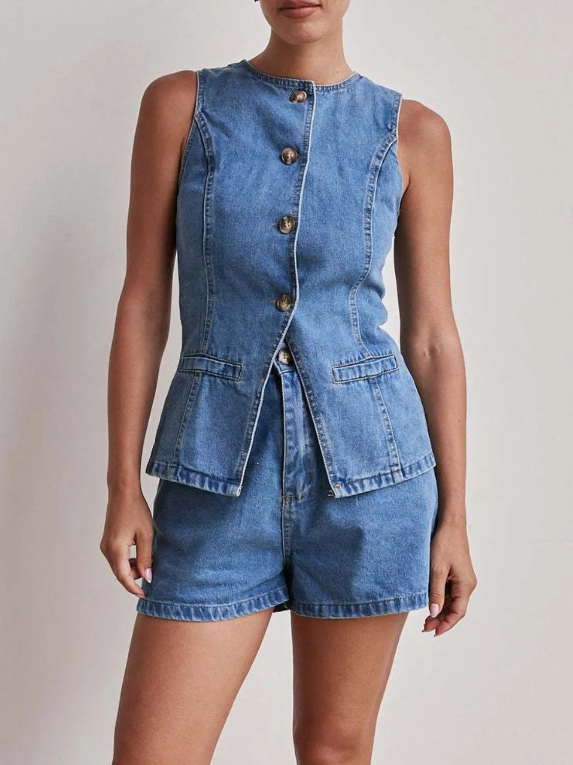 Button Down Vest and Shorts Denim Set Jeans Set Luxurious Weddings