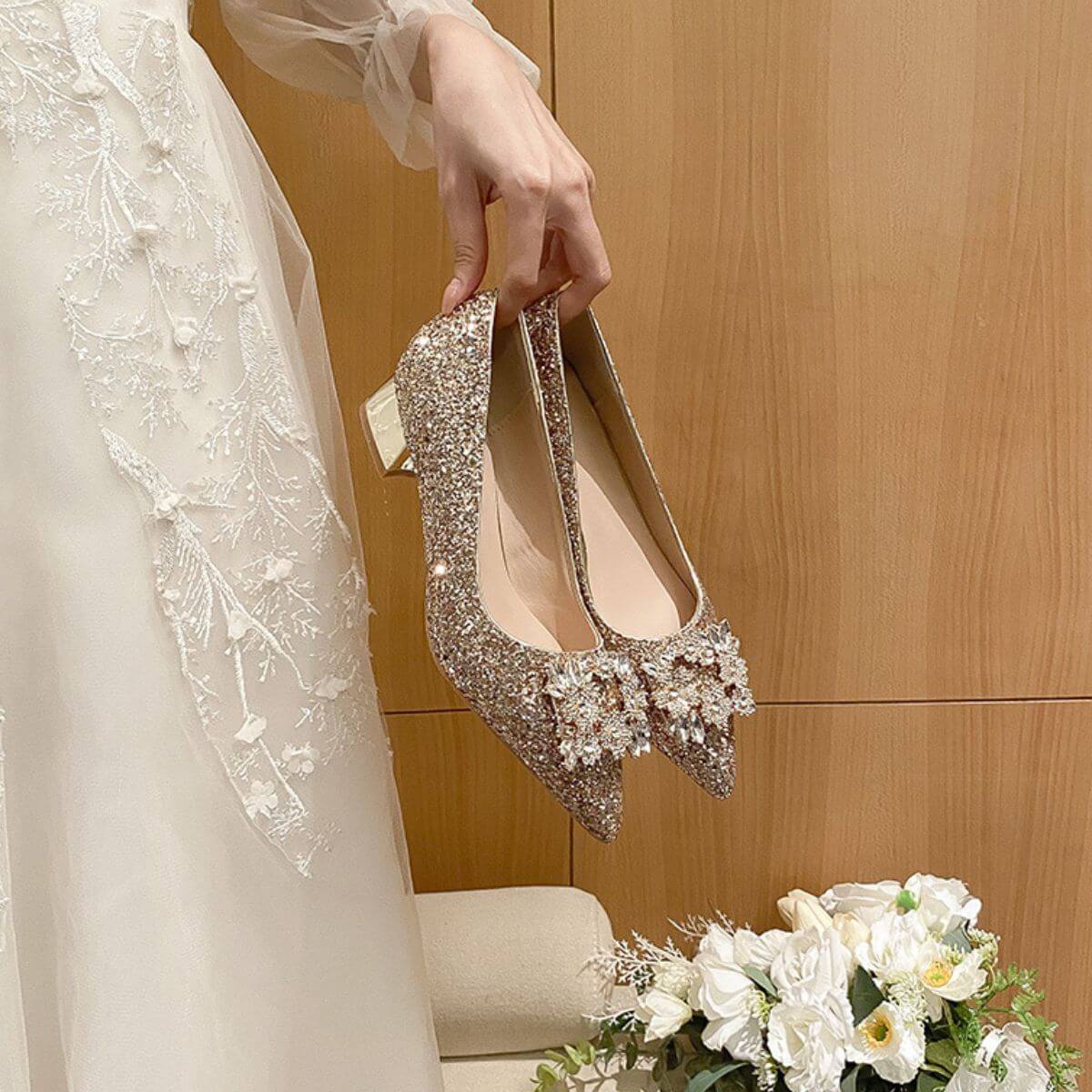 Glitter Point Toe Block Heel Pumps heels Luxurious Weddings
