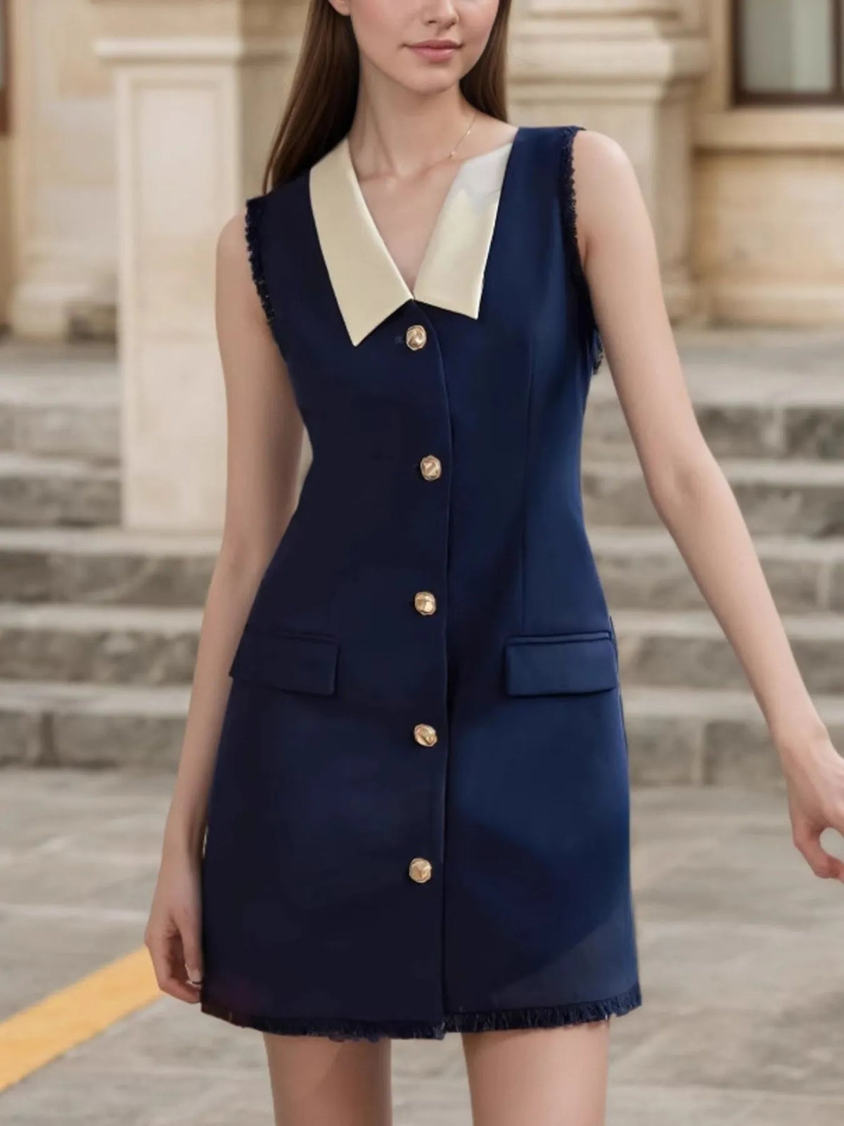 Contrast Collar Button-Front Sleeveless Mini Dress Mini dress Luxurious Weddings