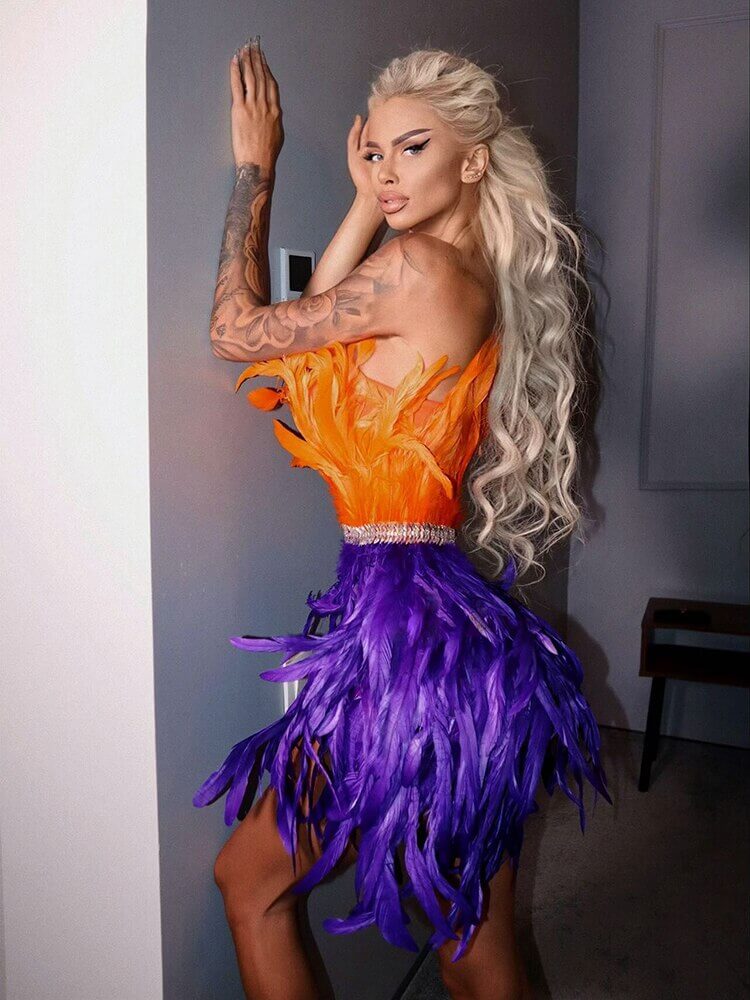 High Waist Feather Crystal Design Mini Dress Feather Dress Luxurious Weddings