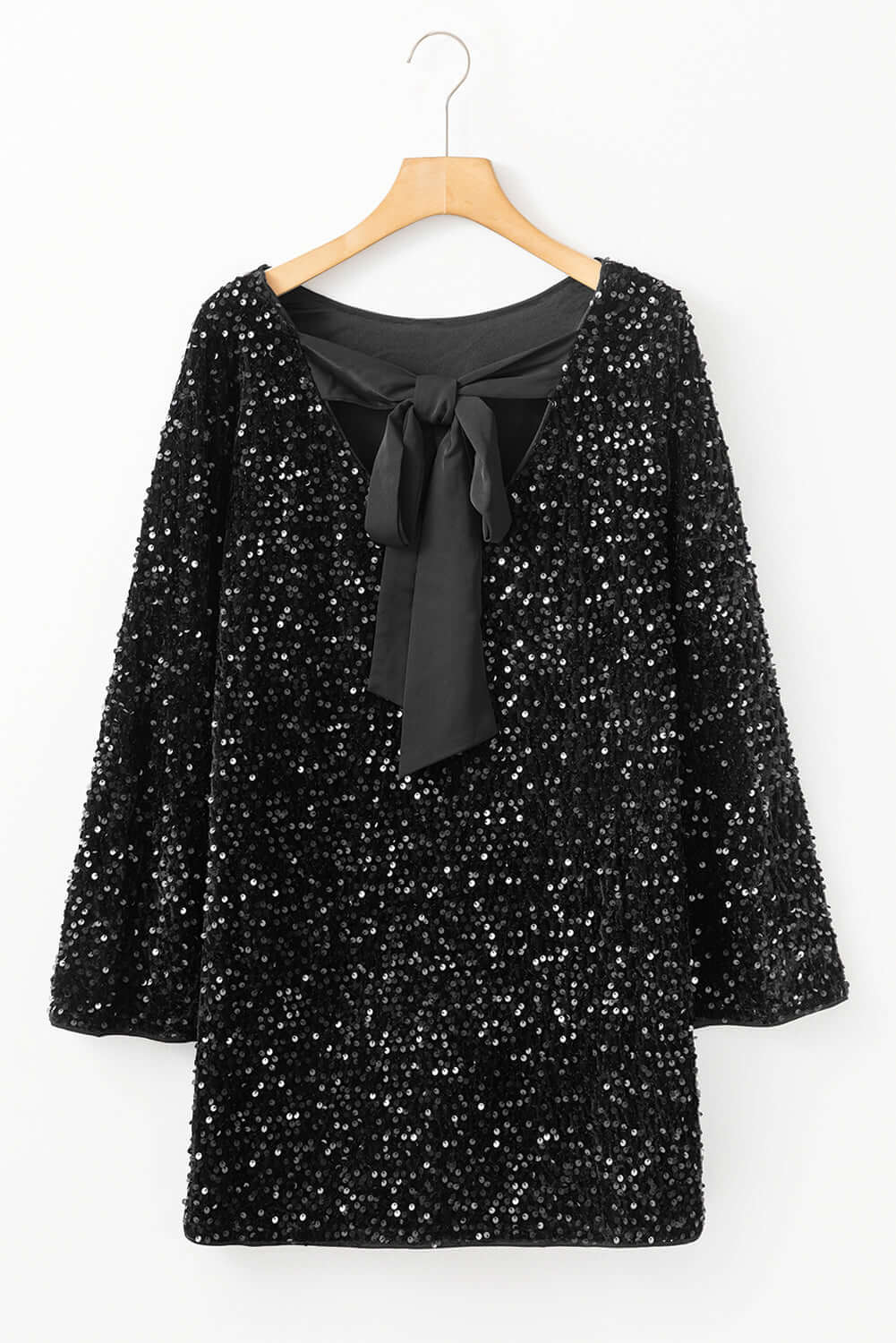 Black Sequin Long Sleeve Knot Cutout Back Mini Dress Dresses/Mini Dresses Luxurious Weddings