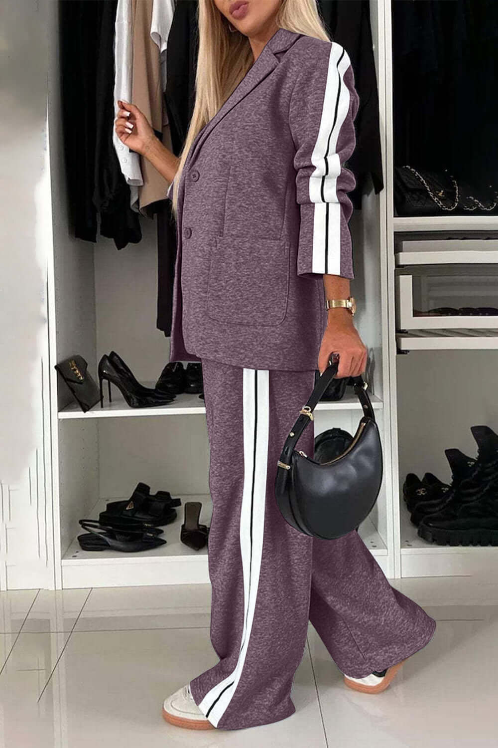 Full Size Contrast Lapel Collar Top and Pants Set Matching Sets Luxurious Weddings