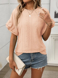 Eyelet Round Neck Flounce Sleeve Top Blouses Luxurious Weddings