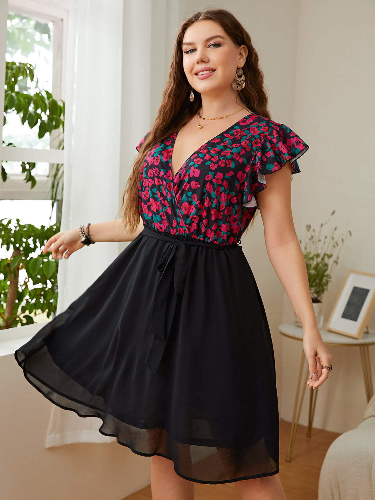 Honey Plus Size Floral Surplice Neck Flutter Sleeve Dress Plus size dress Luxurious Weddings