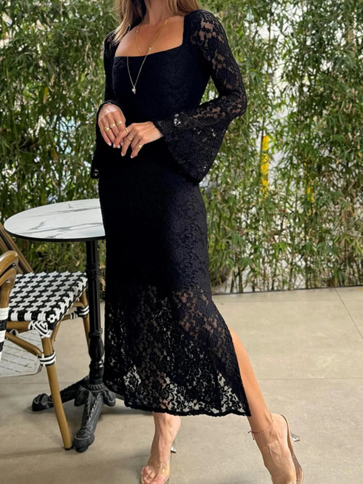 Lace Bell Sleeve Square Neck Bodycon Dress Bodycon Dress Luxurious Weddings