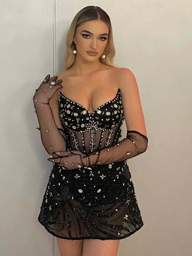 Black Mini Strapless Dress Crystal Design Vestido High Quality Mini Dress Luxurious Weddings