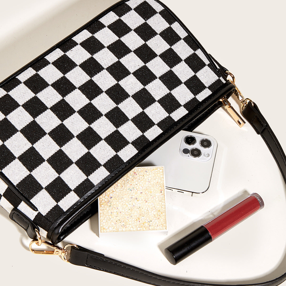 All-Match Black & White Checkerboard Underarm Bag