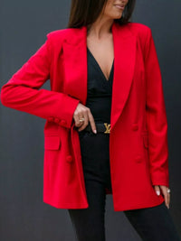 Lapel collar long sleeve blazer in red on a model, perfect for luxurious weddings and stylish occasions.