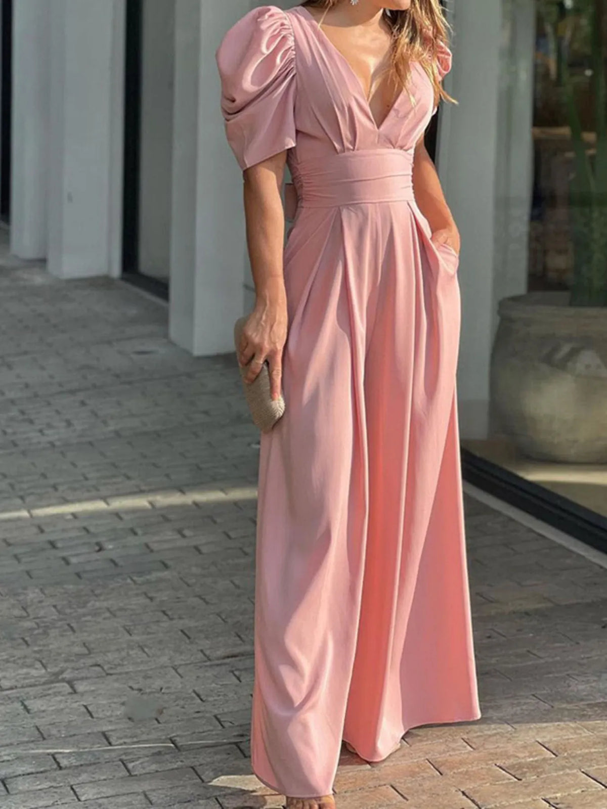 Full Size Cutout V-Neck Puff Sleeve Jumpsuit Plus Size Jumpsuits Luxurious Weddings