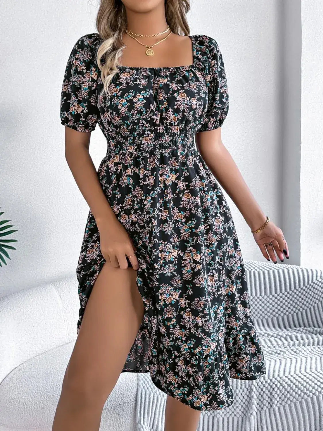 Ruffled Hem Floral Puff Sleeve Dress Dress Luxurious Weddings