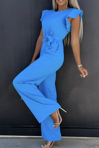 Blue round neck cap sleeve jumpsuit with tied waist, perfect for stylish summer outfits.