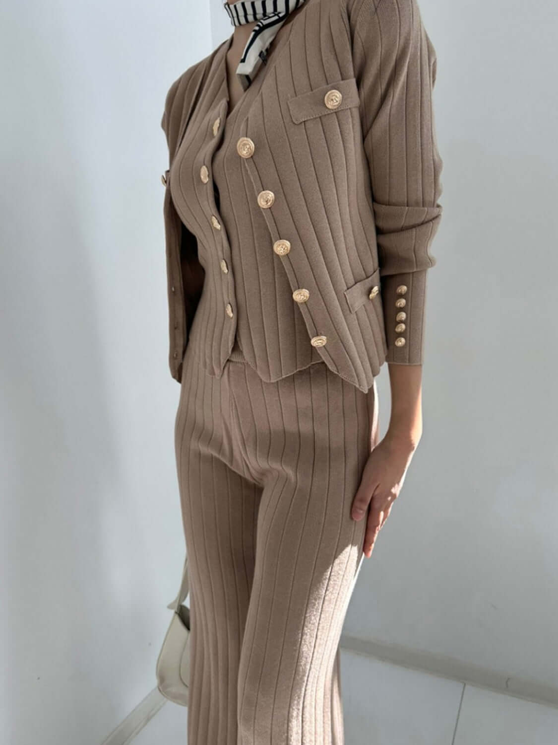 V-Neck Tank, Cardigan and Pants Three-Piece Sweater Set Matching Sets Luxurious Weddings