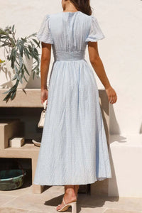 V-Neck Puff Short Sleeve Midi Dress Summer dress Luxurious Weddings