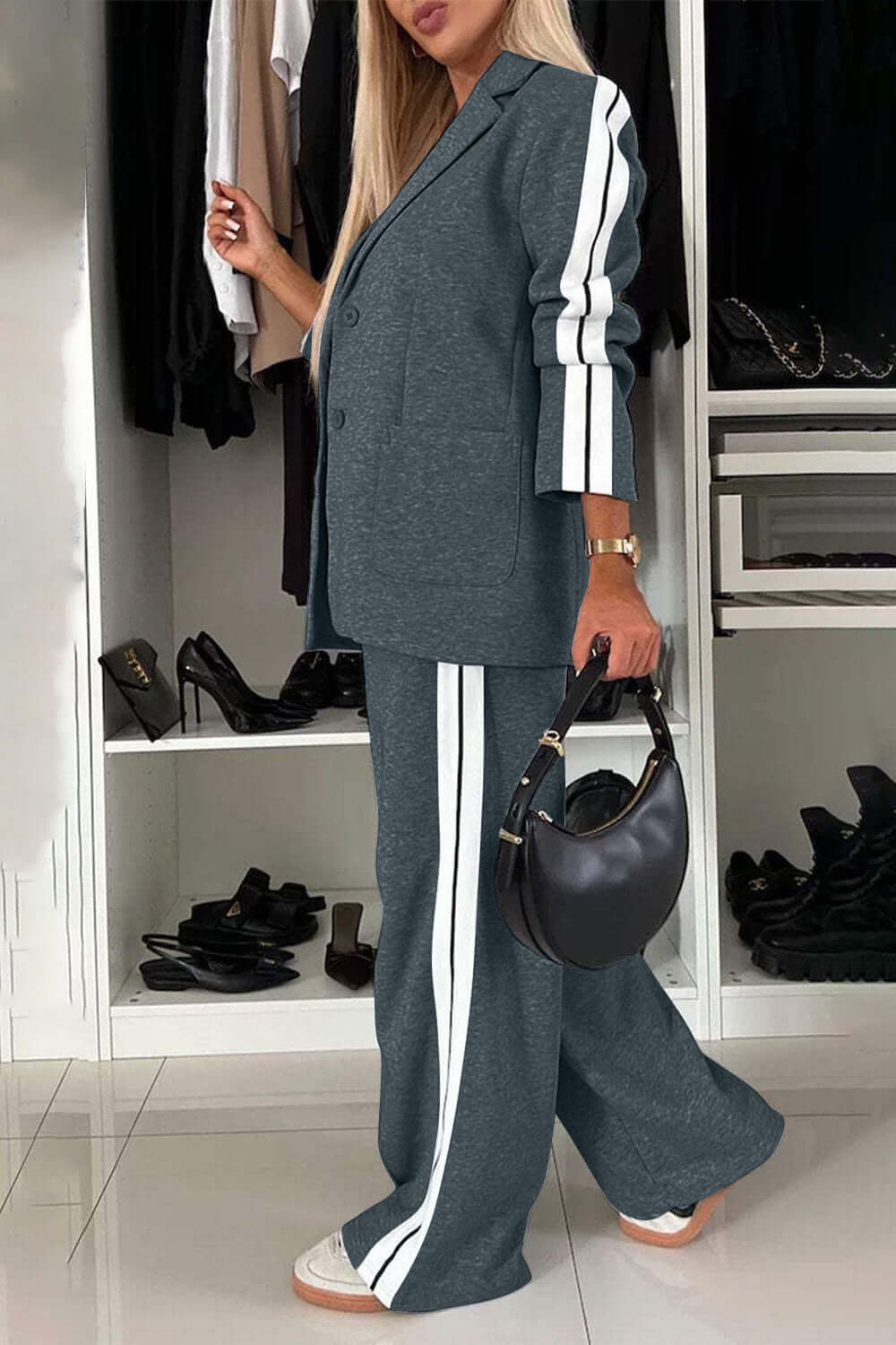 Full Size Contrast Lapel Collar Top and Pants Set Matching Sets Luxurious Weddings