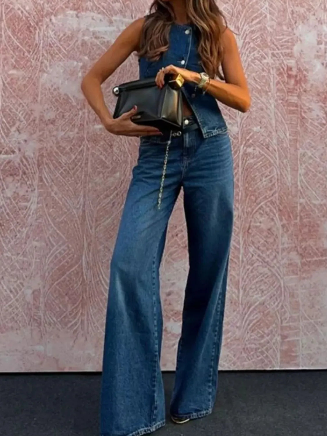 Button Down Vest and Flare Jeans Denim Set Jeans Luxurious Weddings