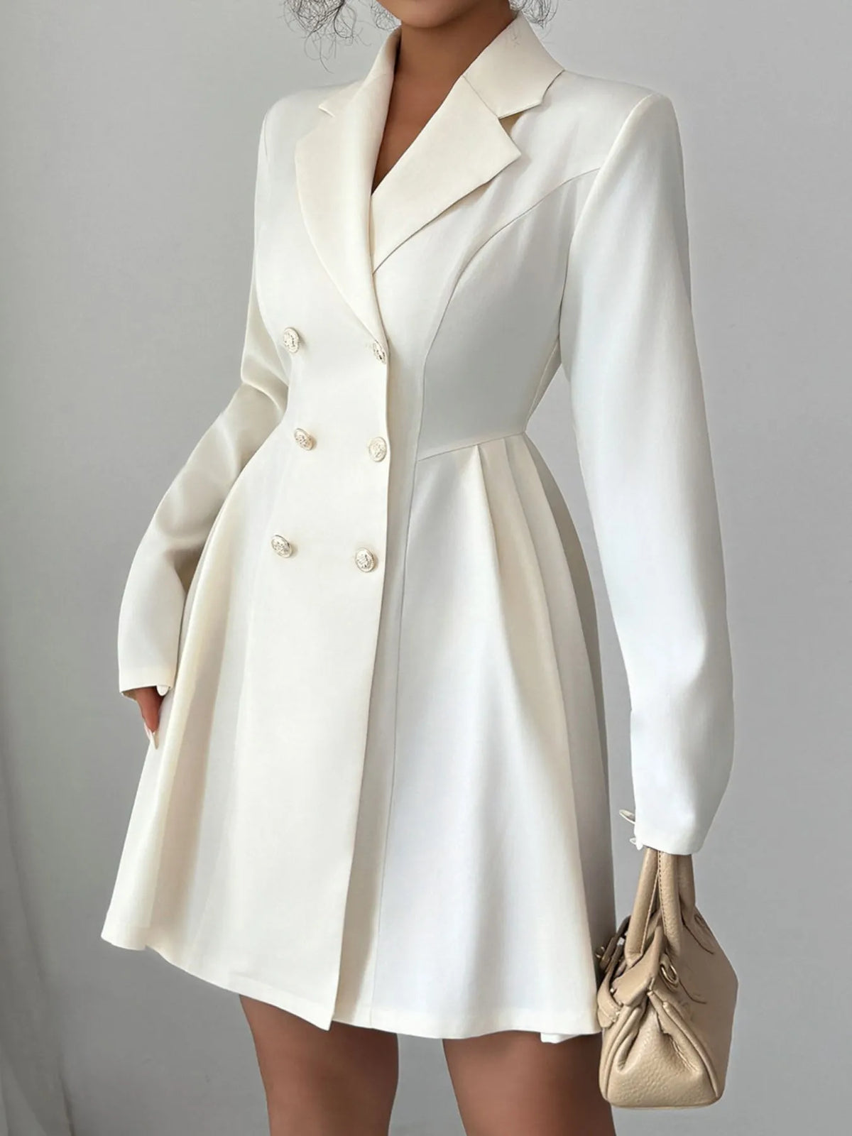 Double-Breasted Blazer Dress with Pleated Detail Formal Dress Luxurious Weddings