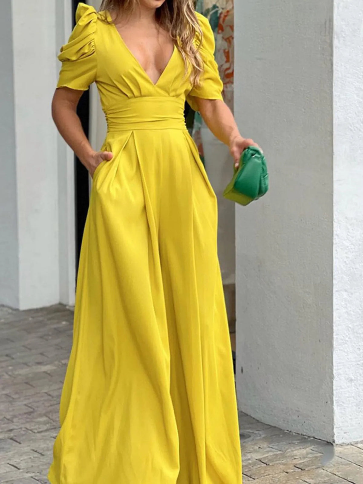 Full Size Cutout V-Neck Puff Sleeve Jumpsuit Plus Size Jumpsuits Luxurious Weddings