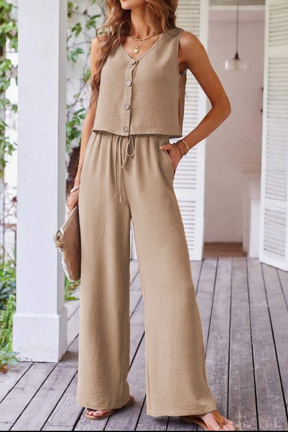 Button Down Vest and Drawstring Wide Leg Pants Set Matching Sets Luxurious Weddings